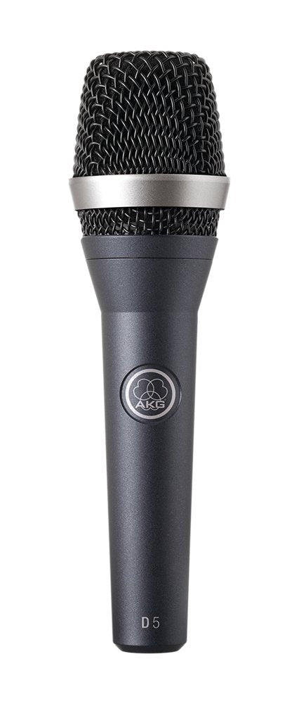 Black handheld microphone with metal mesh grille and AKG logo, labeled D5 on the body.