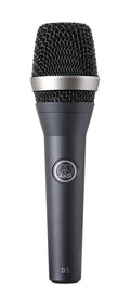 Black handheld microphone with metal mesh grille and AKG logo, labeled D5 on the body.