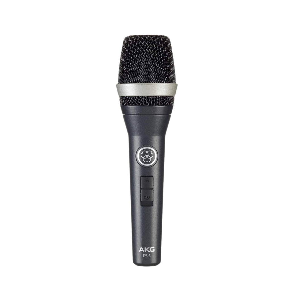 Black handheld microphone with silver mesh grille and on/off switch on the handle.