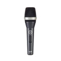 Black handheld microphone with silver mesh grille and on/off switch on the handle.