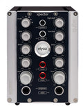 Front panel of a black and silver elysia xpector audio device with knobs, buttons, and two jack sockets.