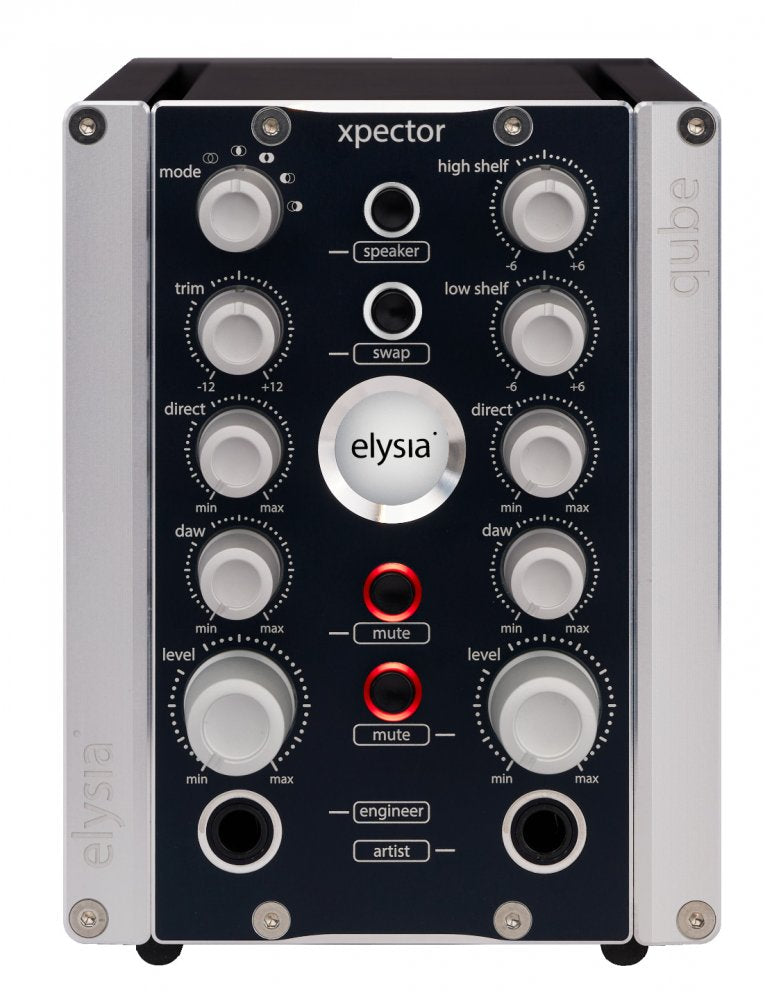 Front panel of a black and silver elysia xpector audio device with knobs, buttons, and two jack sockets.