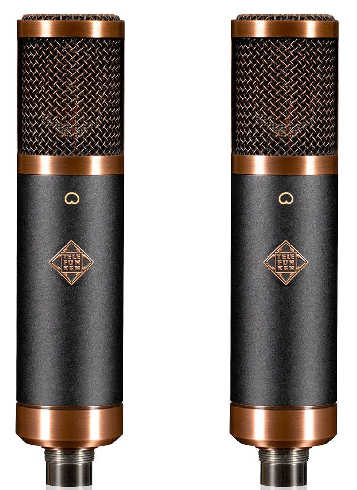 Two black and copper microphones with mesh heads and TELEFUNKEN logos shown side by side.