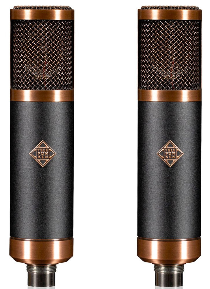Two black and copper microphones with mesh heads and TELEFUNKEN logos side by side on white background.