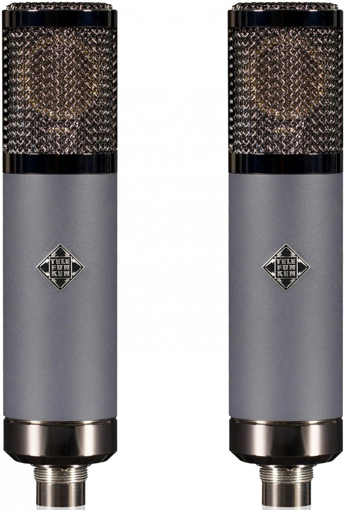 Two gray microphones with black mesh tops and TELEFUNKEN logo side by side on white background.