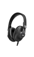 Black over-ear wired headphones with padded ear cups and headband, showing one side with brand logo.