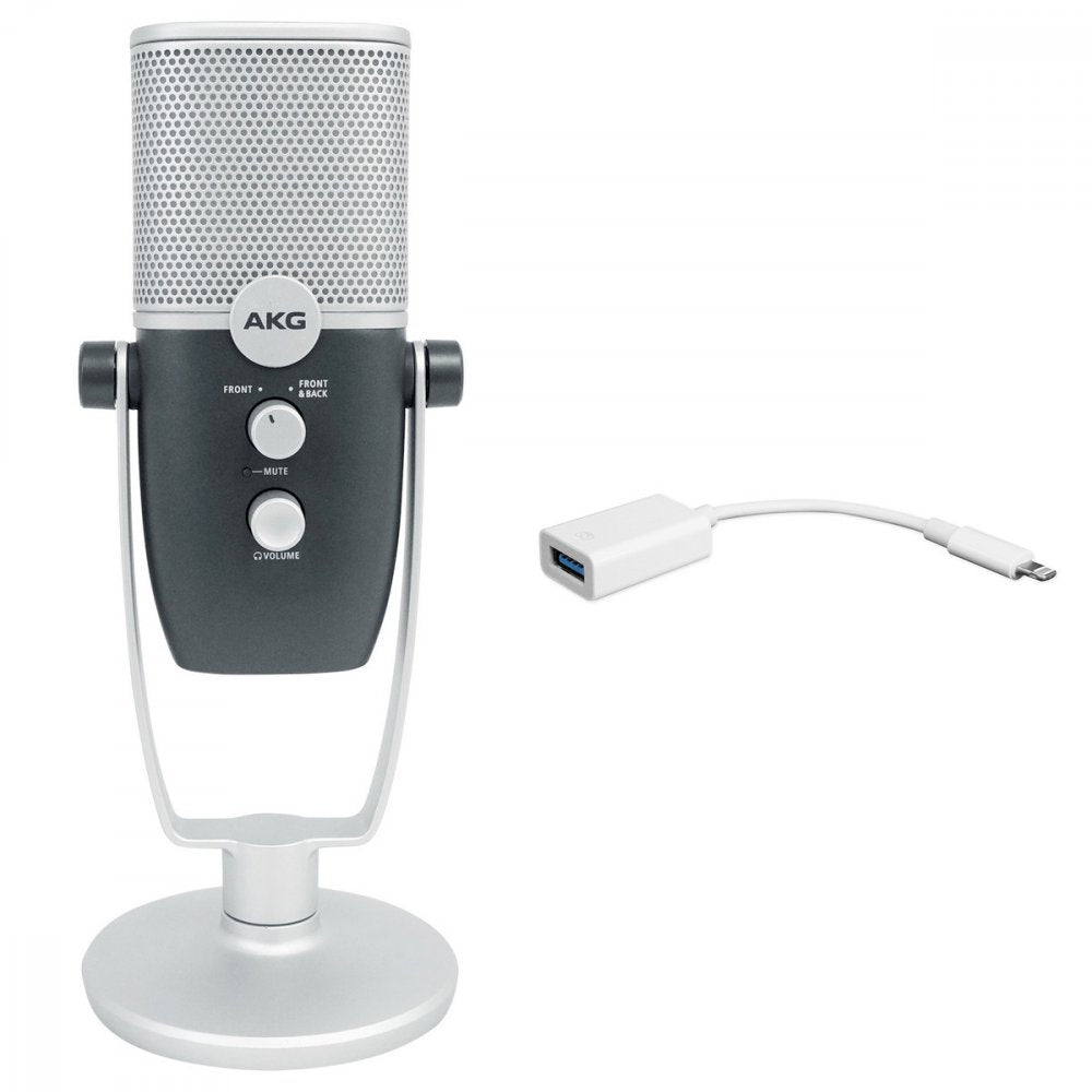 Black and silver AKG microphone with volume and mute controls and a USB adapter cable on the side.
