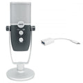 Black and silver AKG microphone with volume and mute controls and a USB adapter cable on the side.
