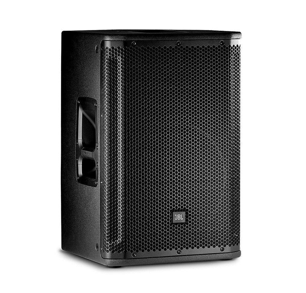 Black JBL speaker with a perforated metal grille and side handle shown from an angled front view.