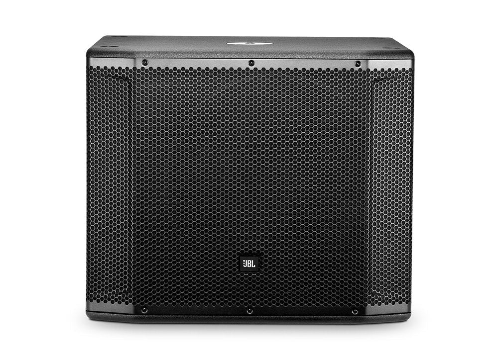 Front view of a black JBL speaker with metal mesh grille and logo in center.