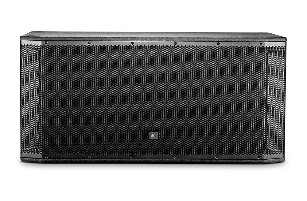 Front view of a black JBL speaker with metal grille and logo on a white background.