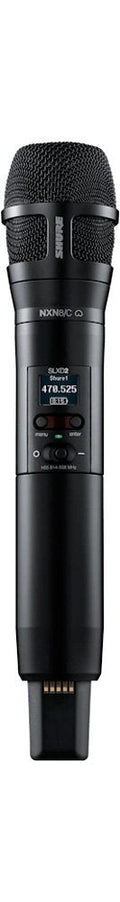 Black handheld wireless microphone transmitter with digital display and control buttons.
