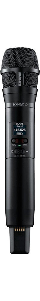 Black handheld wireless microphone transmitter with digital display and control buttons.