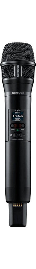 Black handheld wireless microphone with digital display and control buttons on the body.