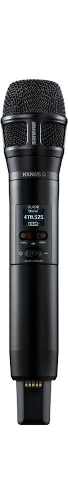 Black handheld Shure wireless microphone with display and control buttons.