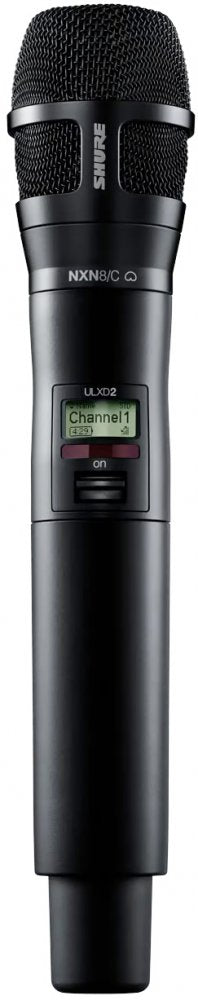Black wireless handheld microphone with mesh grille, LCD screen showing channel info, and power switch.