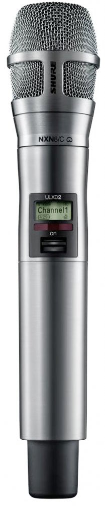 Silver handheld wireless microphone with metal grille and small screen displaying Channel 1.