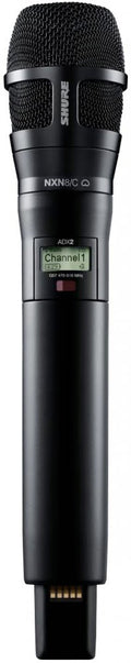 Black handheld wireless microphone with display screen showing Channel 1 and frequency info.