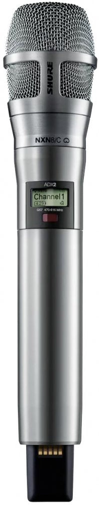 Silver handheld microphone with a metal grille and digital display showing channel 1 and frequency 470-616 MHz.