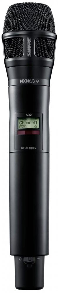 Black handheld wireless microphone with display showing Channel 1 and Shure branding.