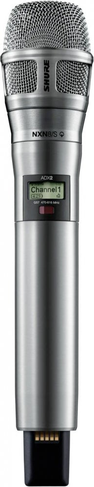 Silver handheld microphone with metal mesh grille, digital display showing Channel 1, and connector pins at the base.
