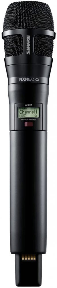 Black handheld wireless microphone with digital display showing Channel 1 and frequency range 470-616 MHz.