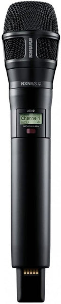 Black wireless microphone transmitter with digital display showing channel information and SHURE branding.