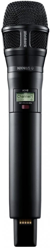 Black wireless microphone transmitter with digital display showing channel information and SHURE branding.