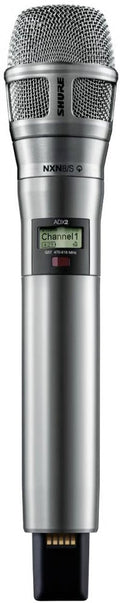 Silver wireless microphone with digital display showing Channel 1 and frequency range 470-615 MHz