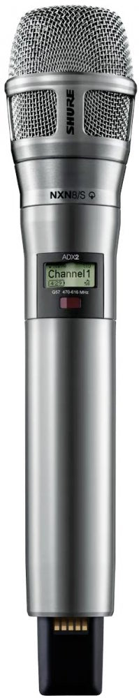 Silver wireless microphone with digital display showing Channel 1 and frequency range 470-615 MHz