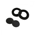 Two pairs of replacement headphone ear cushions, one pair oval and one pair round, both in black fabric.