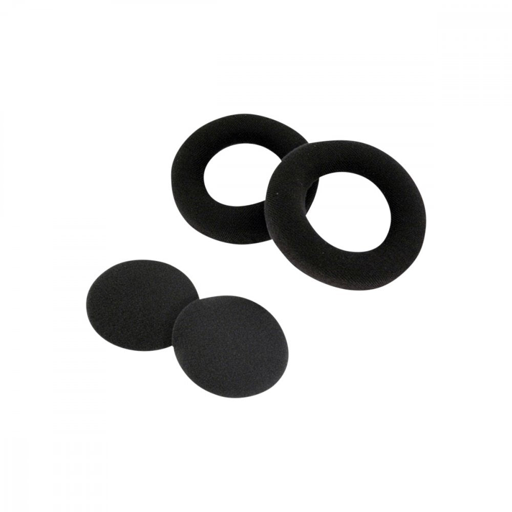 Two pairs of replacement headphone ear cushions, one pair oval and one pair round, both in black fabric.