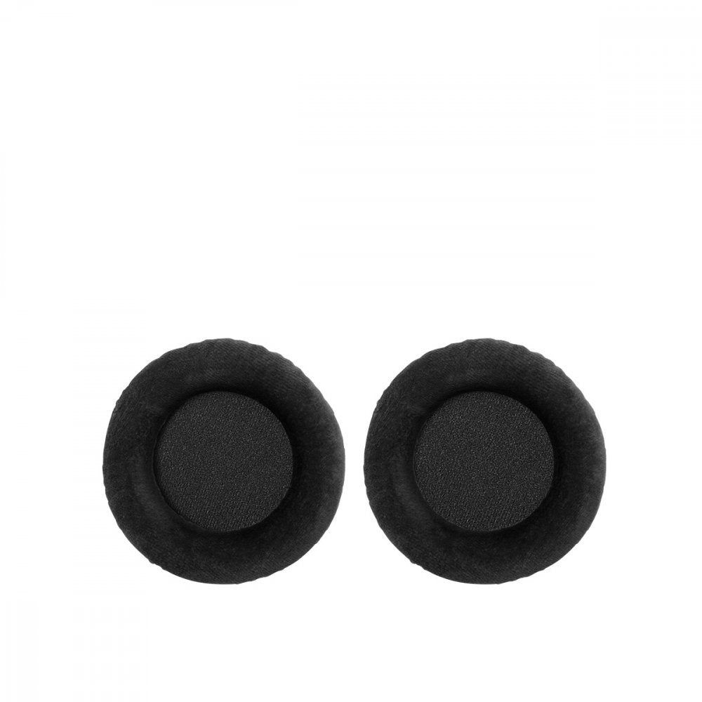 A pair of black round ear pads for headphones shown on a white background.