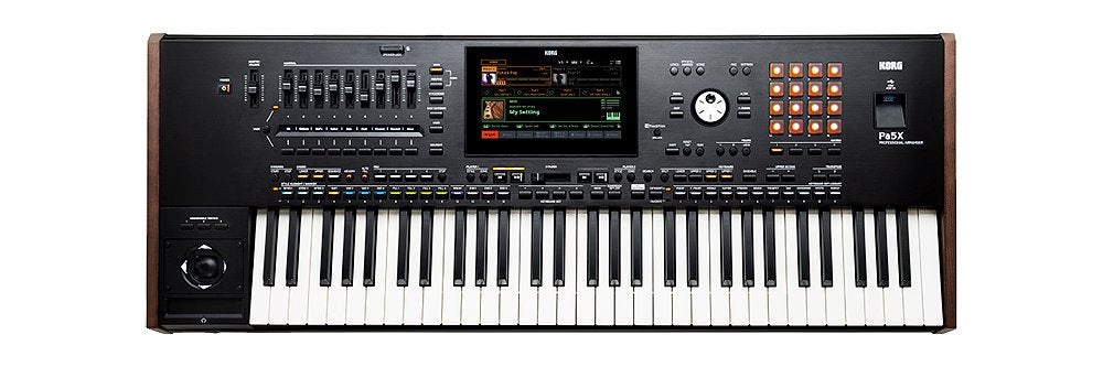 Black electronic keyboard with keys, buttons, pads, sliders, joystick, and a color display screen.