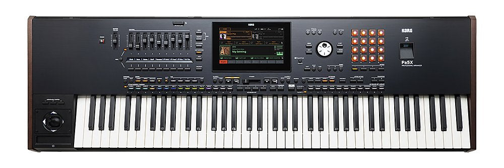 Black keyboard synthesizer with multiple buttons, knobs, sliders, a joystick, and a central display screen.