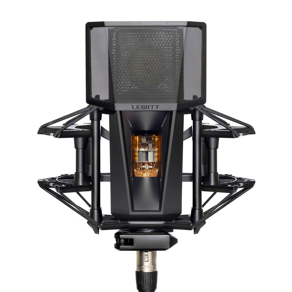 Black studio microphone with visible internal tube, mounted in a shock mount and equipped with a pop filter marked LEWITT.