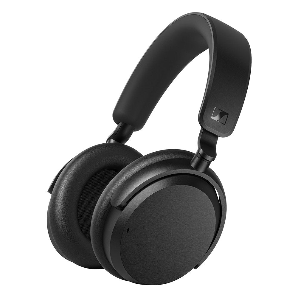 Black over-ear headphones with cushioned ear pads and padded headband, shown at an angled side view.