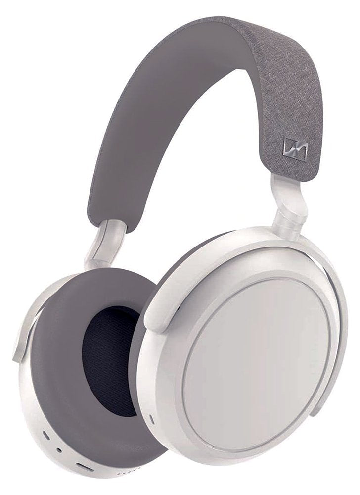 White over-ear headphones with gray ear cushions and fabric headband with logo.
