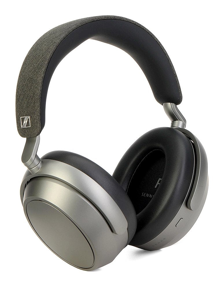 Graphite-colored over-ear headphones with padded headband and ear cushions on white background.