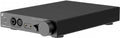 Black rectangular audio device with multiple audio input/output connectors and control knobs on front panel.