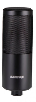 Black Shure microphone with a metal mesh grille and silver Shure logo on the body.