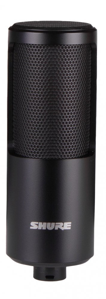 Black Shure microphone with a metal mesh grille and silver Shure logo on the body.