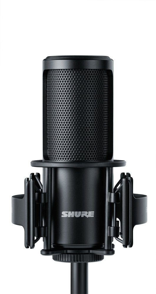 Black Shure microphone with shock mount and cylindrical connector at the bottom on white background.