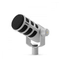 White and black RØDE microphone on a stand mount with visible mesh grille and adjustment knob.