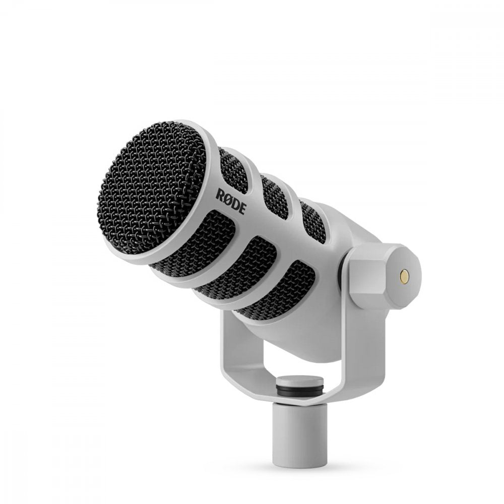 White and black RØDE microphone on a stand mount with visible mesh grille and adjustment knob.