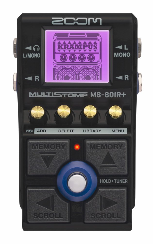 Black Zoom MultiStomp MS-80IR+ pedal with screen, four gold knobs, and multiple buttons and jacks visible