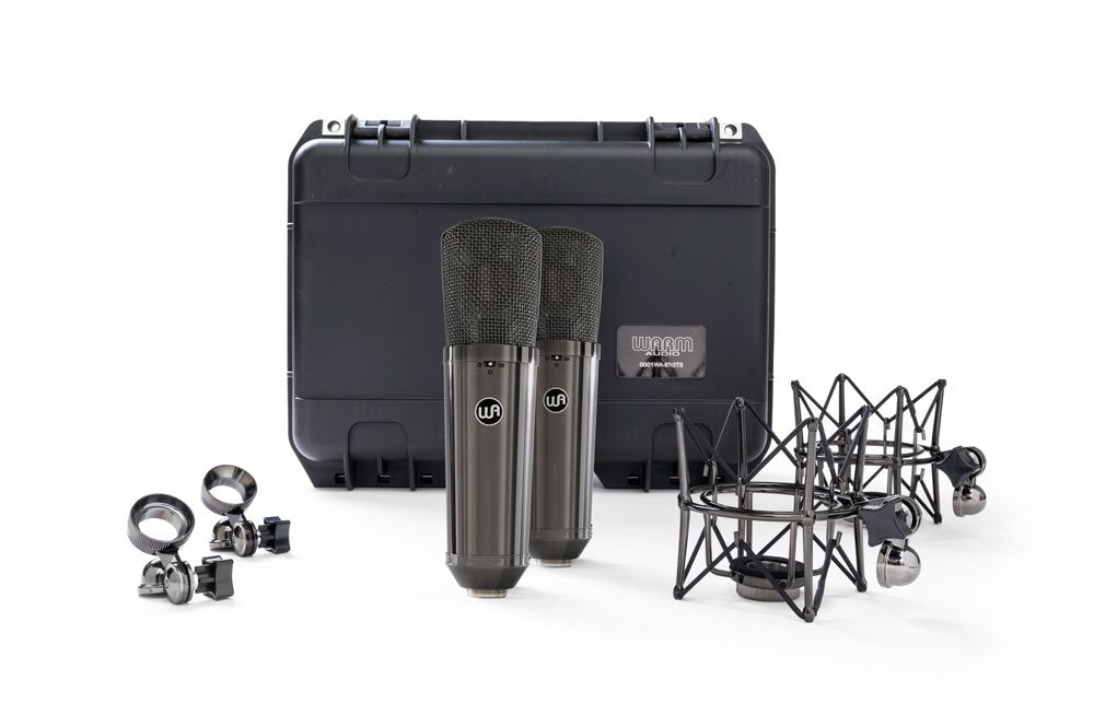 Two black and gray microphones with shock mounts, clips, and a black carrying case labeled Warm Audio.