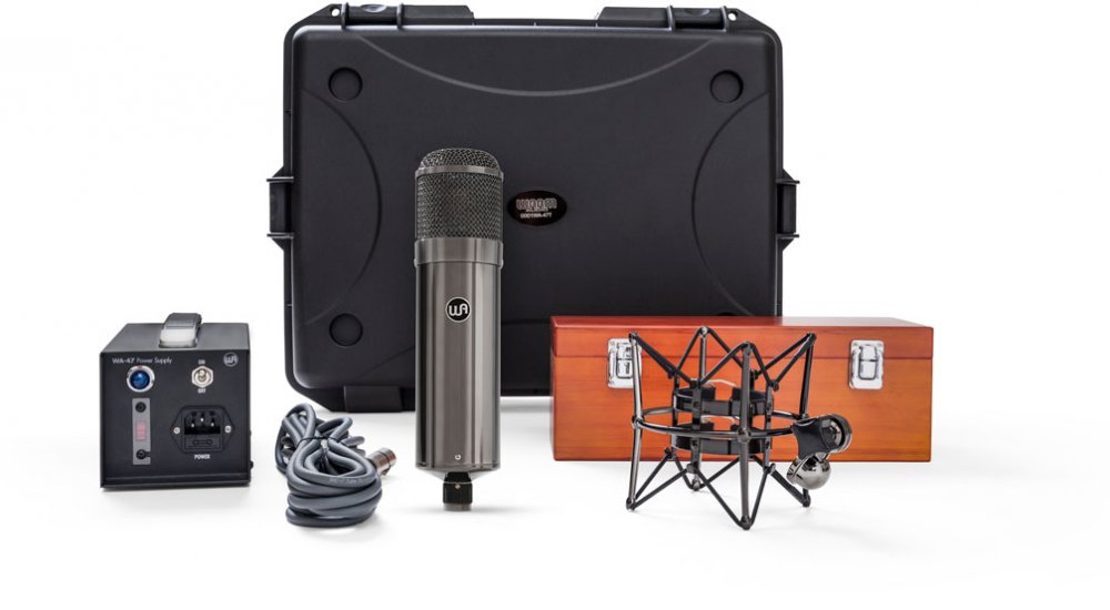 Microphone kit with titanium-colored microphone, power supply, cable, shock mount, wooden box, and carrying case.