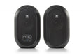 Front view of two black oval speakers with mesh grills and control panel on the left speaker.