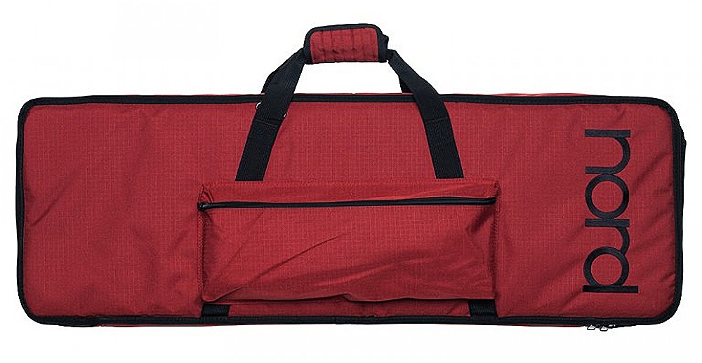 Red soft carrying case with black straps and a front pocket labeled 'nord'.